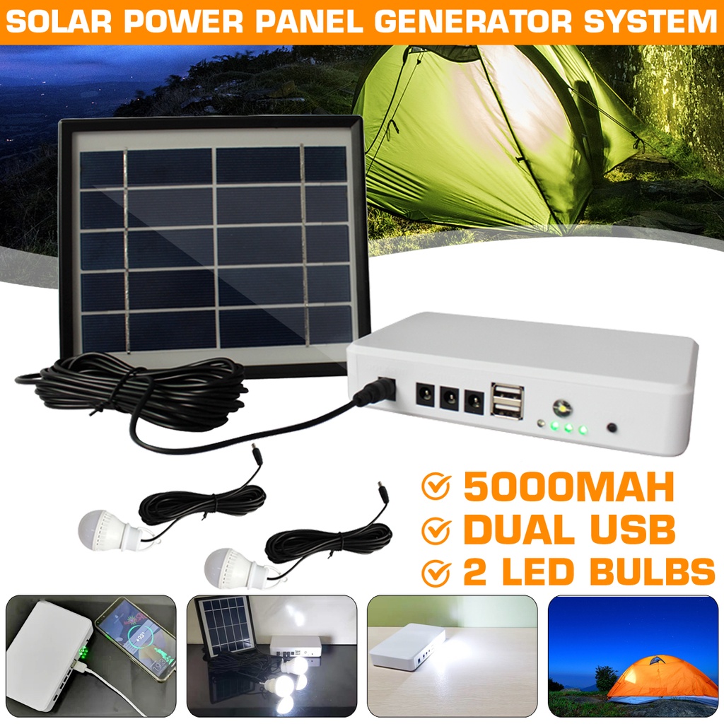 Solar Panel Generator Lighting Kit USB Solar Charger with 2 LED Light ...