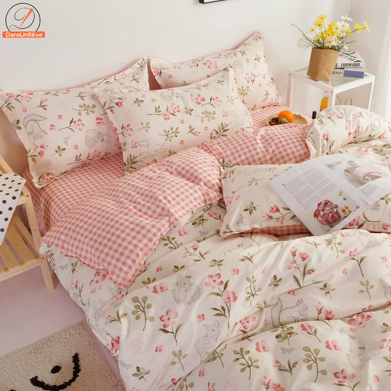 DANSUNREVE Flower Pattern Bedding Set Cute Animals bedsheet no lukot no ...