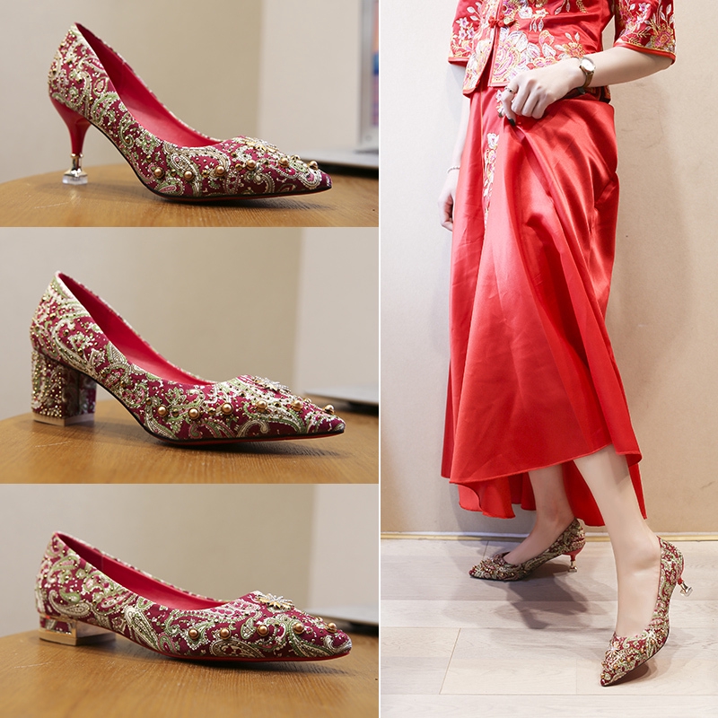 Chinese Style Red Embroidered Wedding Shoes Women s Bride High Heels Korean Rubber Pointed Shoes Shopee Philippines
