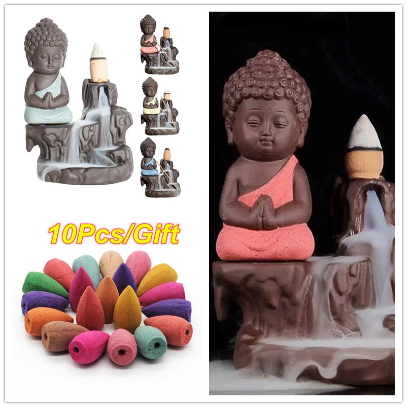 ┇ↂmicceramic Monk Backflow Incense Burner Buddha Waterfull Cone Insense Holder Insenso Inscent 1259