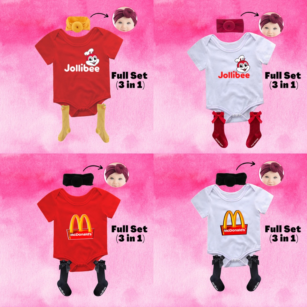 FULL SET 3 in 1 Baby Milestone Onesie Romper Fastfood Theme Jollibee Mcdo Mang Inasal Greenwich