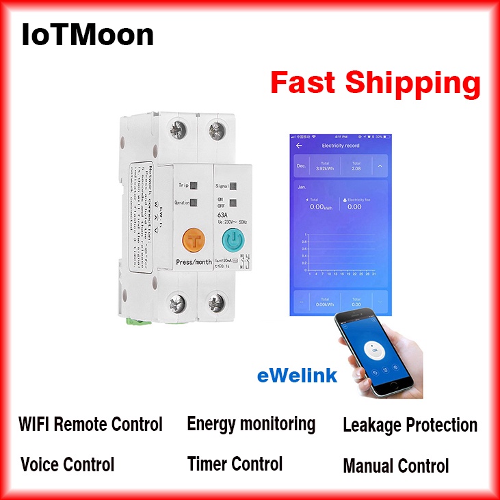 TONGOU eWelink WIFI 1P DIN-rail voor Smart Home draadloze afstandsbediening, schakelaar 63 A/230 VA, digitale stroommeter van eWelink app, Smart WLAN energiemeter, met stroomverbruikmeting