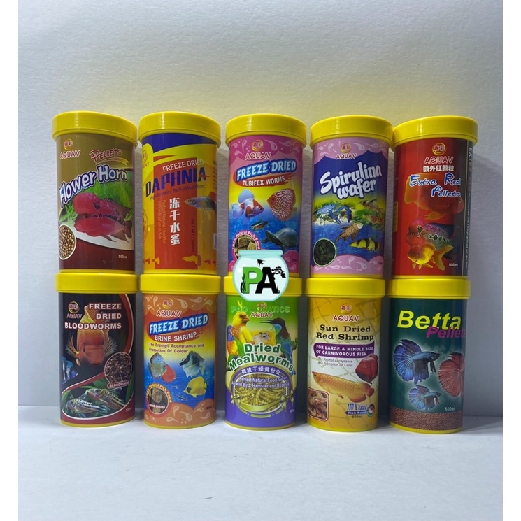 Aquav Fish Food 500ml Betta Flowerhorn Bloodworms spirulina wafer Brine
