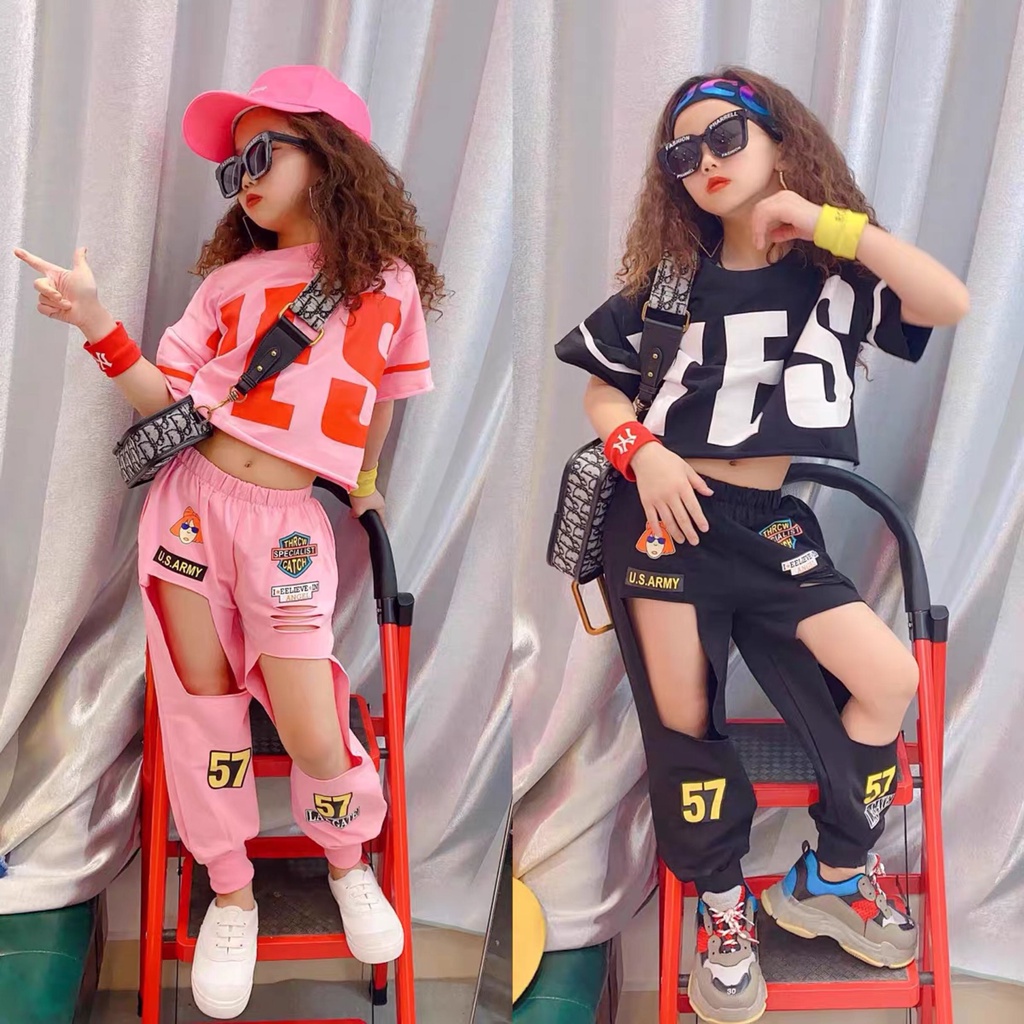 Completo Hip-hop 3 Pezzi Per Ragazze – Crop Top Con Manica Fluorescente E Pantaloni Cargo, Street Dance