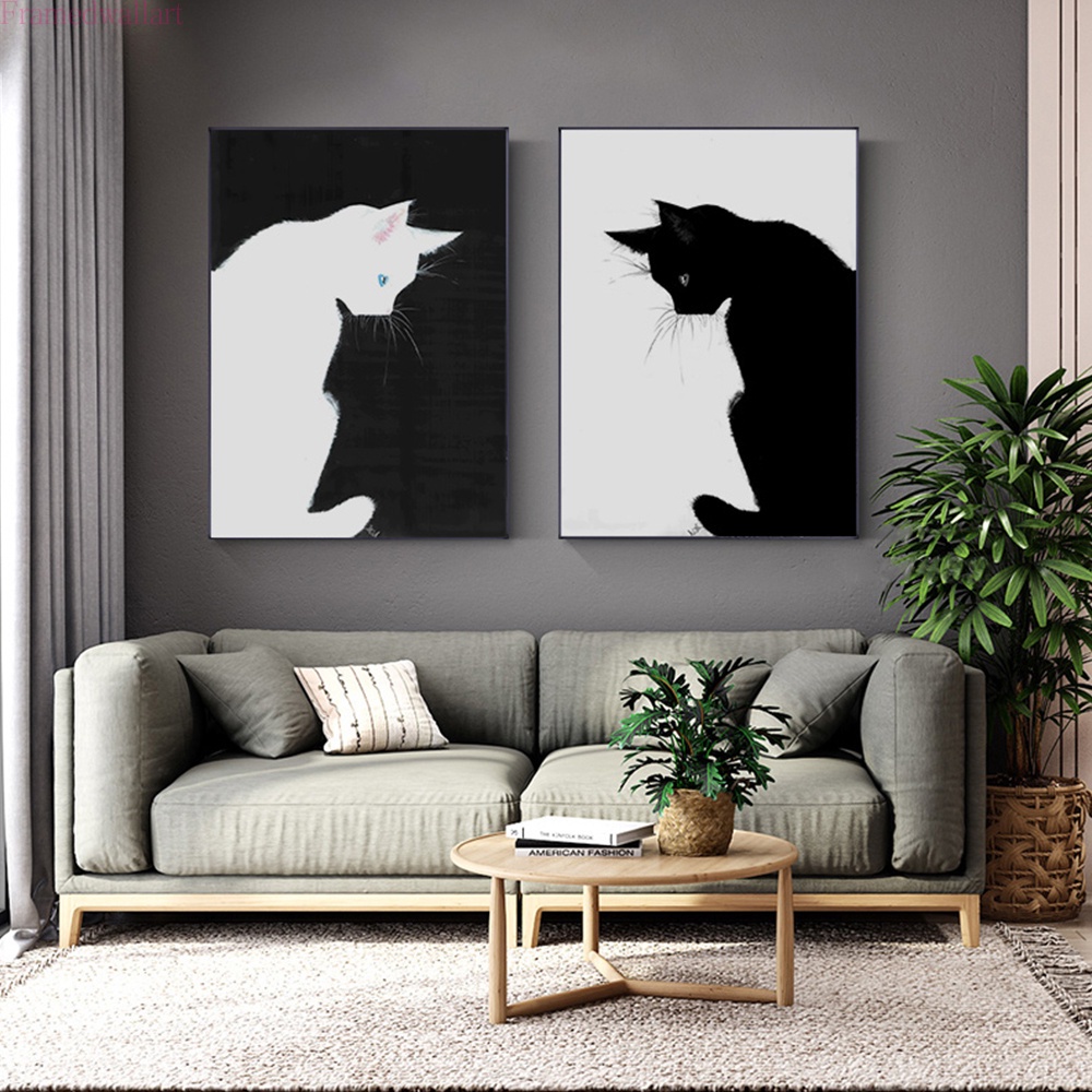 Modern Cat Animal Black and White Abstract Canvas Painting Poster Print ...