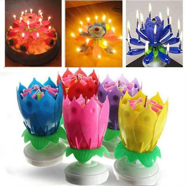 HK Musical Lotus Flower Rotating Birthday Candle Light (Any Color) Set