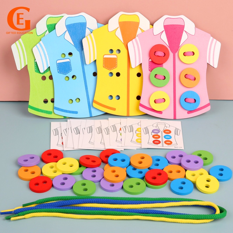4Pcs Wooden Montessori Threading Rope Board Children Sewing Button Toy ...