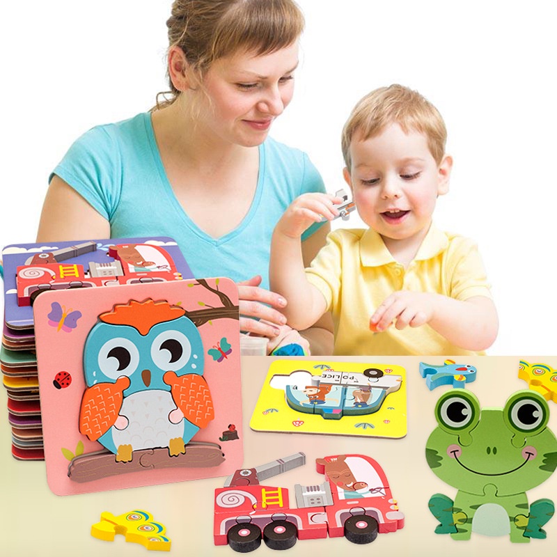 Montessori 3D Wooden Puzzles Toys Jigsaw Puzzles Animals Vehicles ...