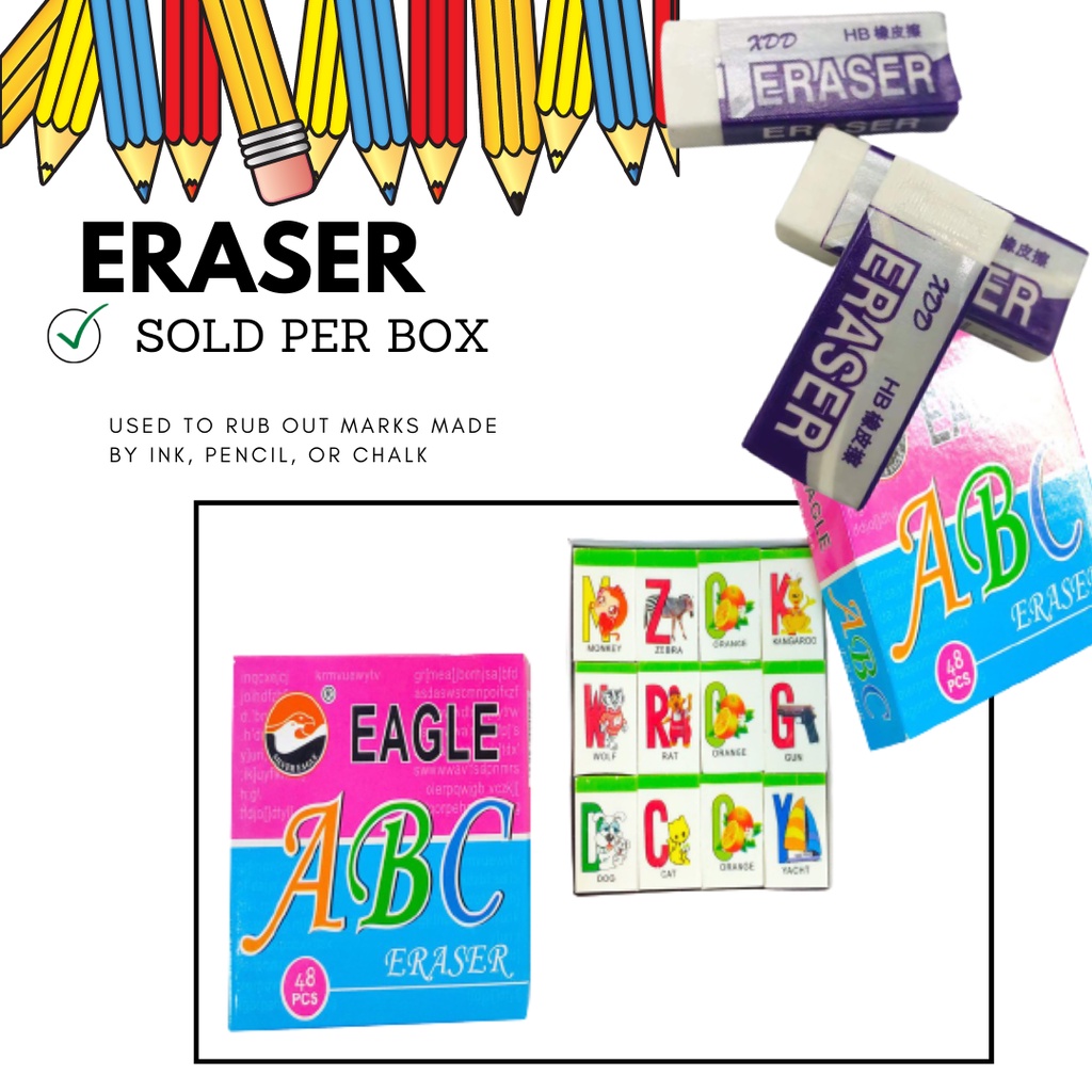 1 Box Rubber/Gum Eraser, Pencil Eraser Black and White Eraser ABC ...