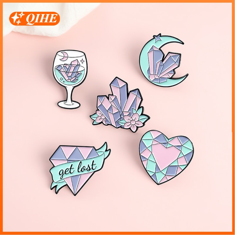 Pink Crystal Shape Enamel Pins Moon Heart Wine Glass Brooch Badges ...