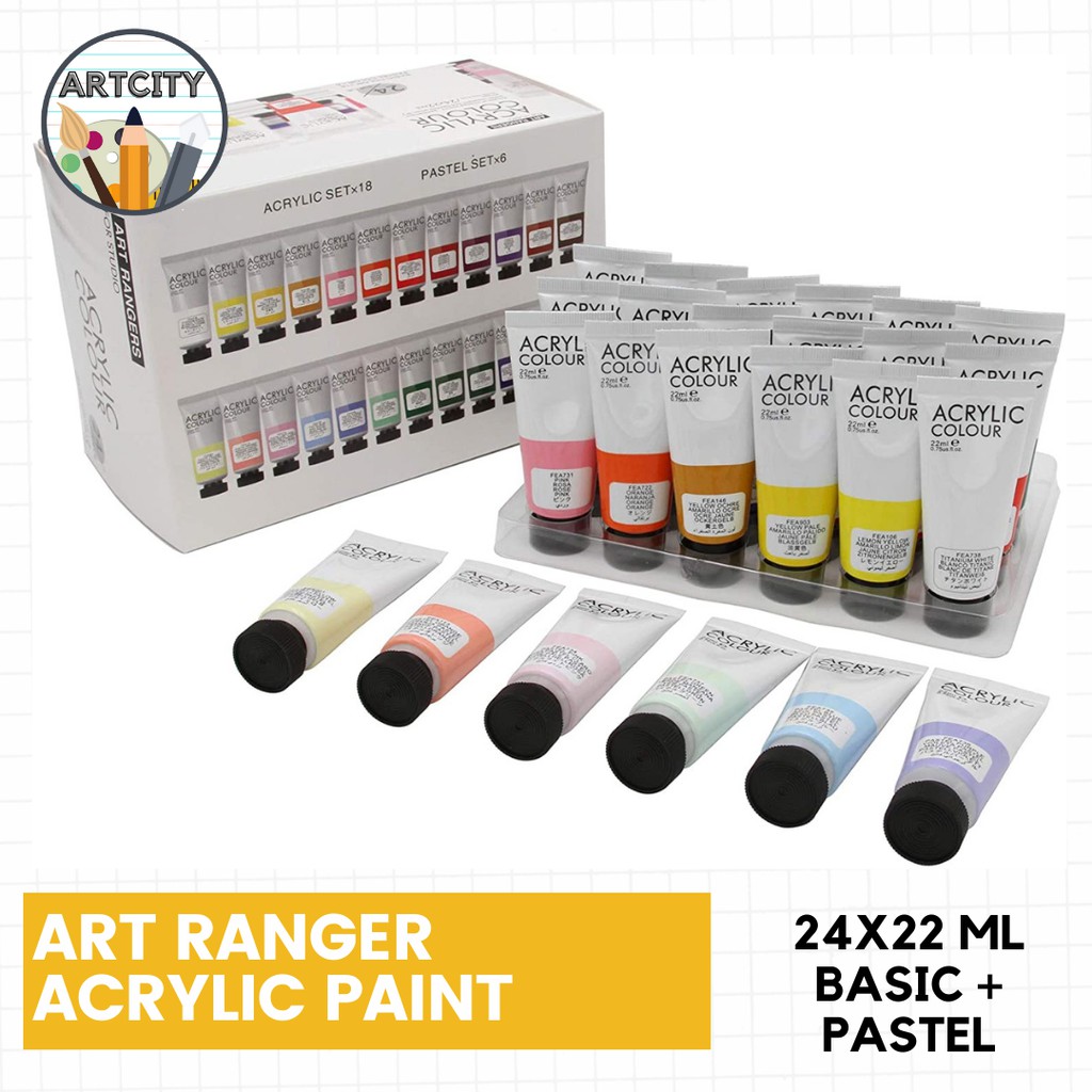 Art Ranger Acrylic Paint Set Basic Colors and Pastel 24x22 mL