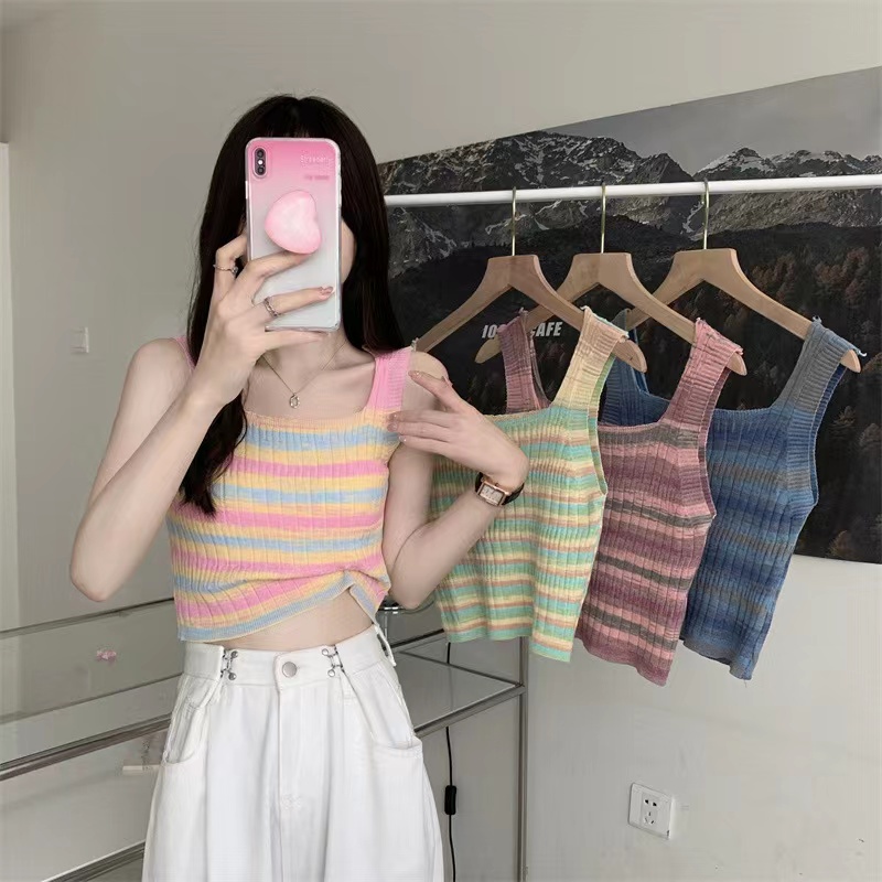 Diya Rainbow Knitted Top Crop Top Halter Contrast Color Knit Stripe ...