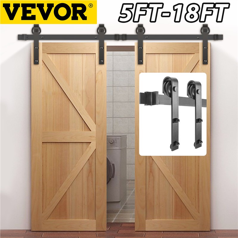 VEVOR 5FT 18FT Classic Rail Sliding Barn Door Black Double Doors Single