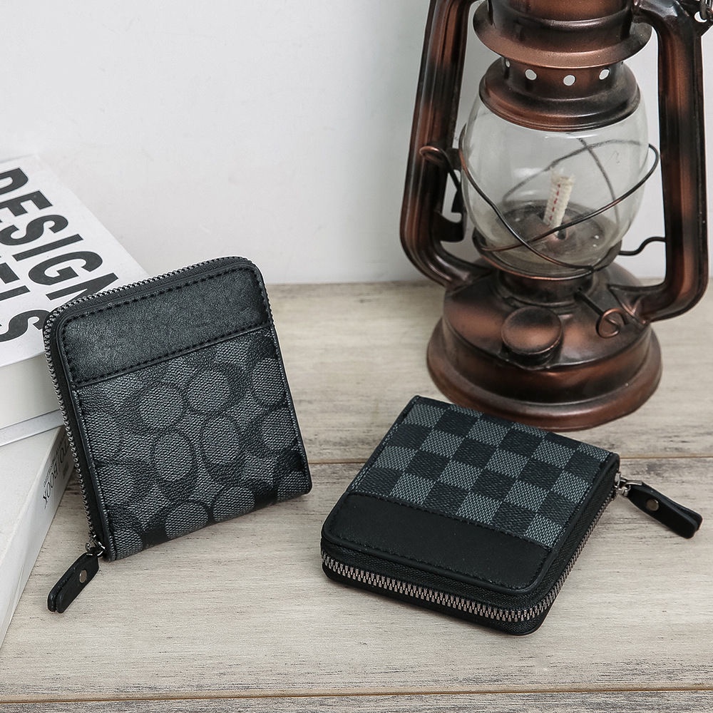 High-Quality Leather Zipper Men's Short Clip Wallet Men Horizontal  Multifunctional Checked Coin Purse Gift