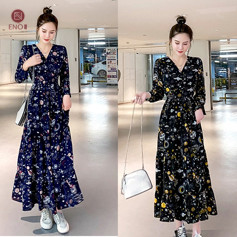 insENO Korean Chiffon Floral Long Sleeve Long Dress Beach Muslimah Hawaiian Pantai Dress labuh