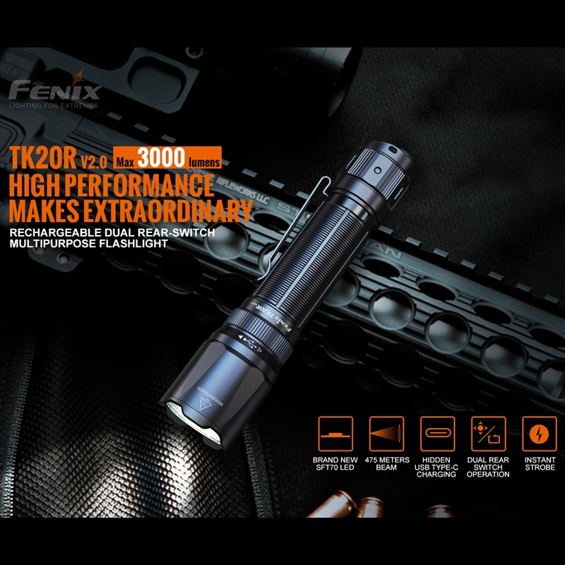 Fenix TK20R V2.0 3000Lumens rechargeable LED Flashlight 6 Lighting Modes dual tail switches With