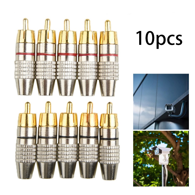 10pcs Gold Rca Male Adapter Non Solder Connector For Audio Video Cctv Ip Camera Security Cable 3621