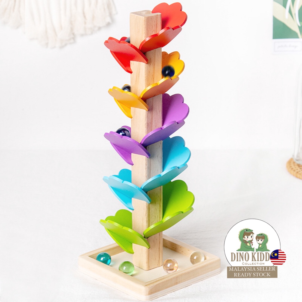 Children's Educational Wooden Tree Detachable Leaves Marble Run Track ...