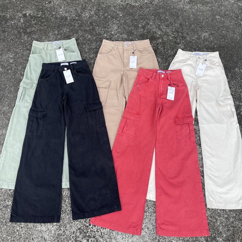 Bershka Highwaist Wide Leg Cargo Pants (BAGGY) Shopee Philippines