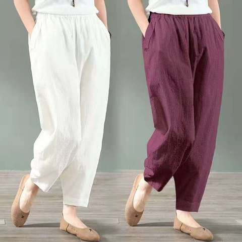 Women's casual Capri cotton linen slacks | Shopee Philippines