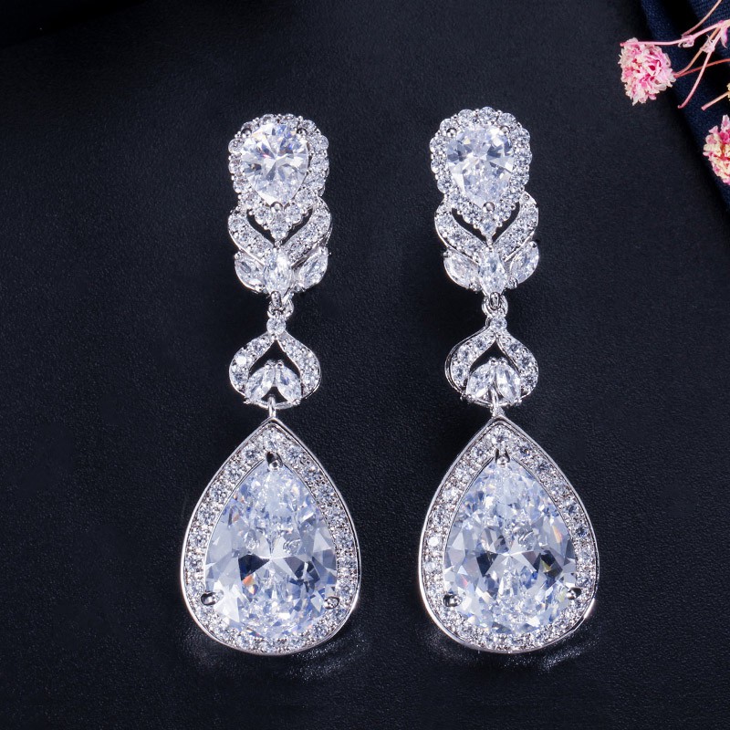 CWWZircons Water Drop Bridal Big Long Earrings Luxury Wedding Jewelry for  Brides CZ008