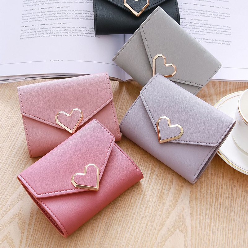 Cute Heart Buckle Folding Wallet Simple Fashion Women Short