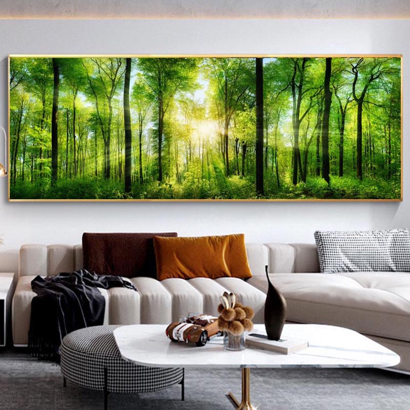 Landscape Green Yellow Forest Tree Canvas Painting Sunlight Posters And ...