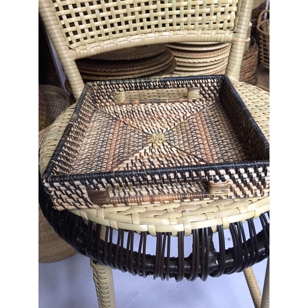 Rattan Square Serving Tray Kitchen Organiser Tray ( Dark Nito