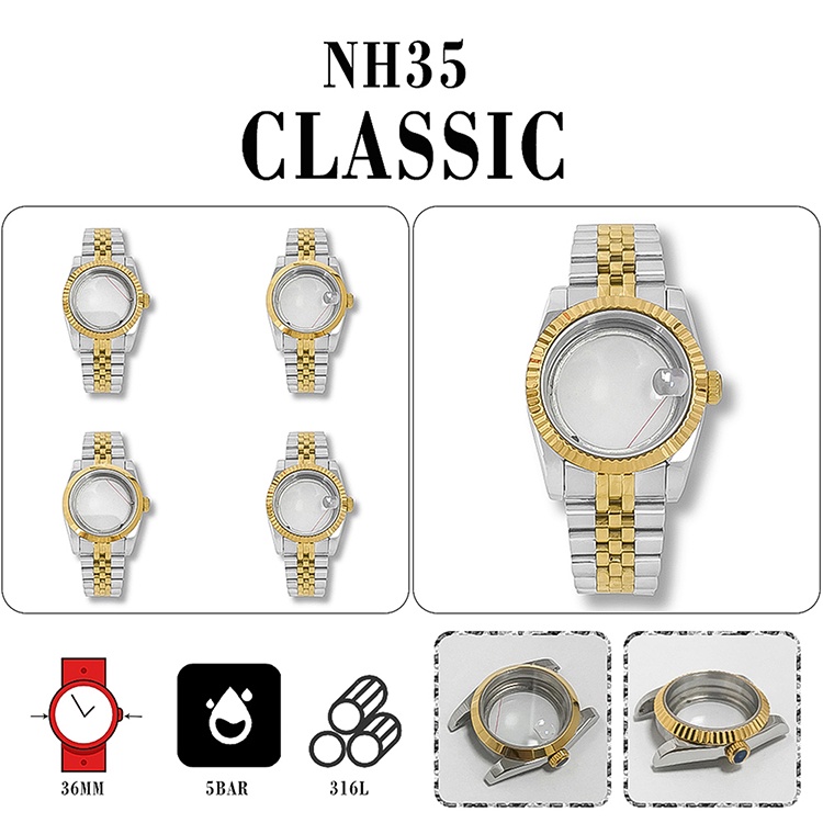Kit Boîtier Et Bracelet Acier Pour Mouvement NH35/NH36/4R - 36mm - Verre Saphir - Style Oyster
