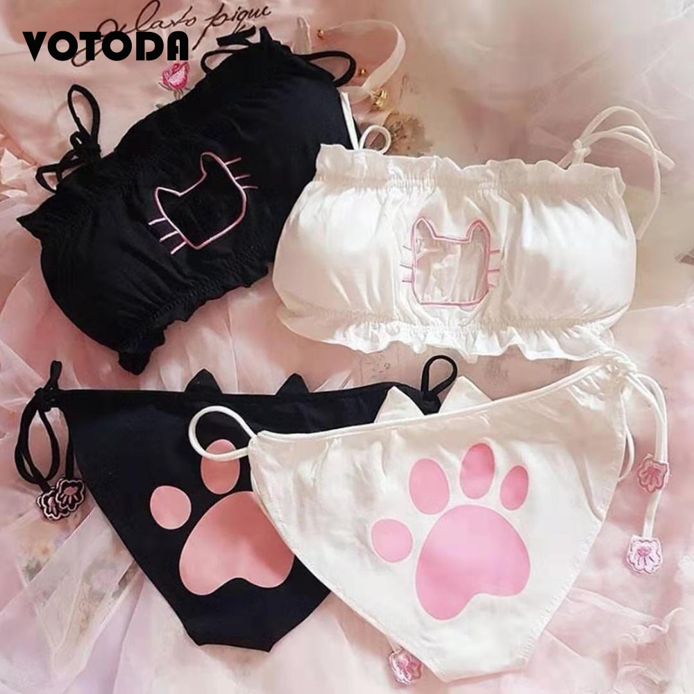 Girls Cute Cat Cartoon Anime Cosplay Underwear Set Japanese Style Sex  Hollow Out Lace-Up Women Linge