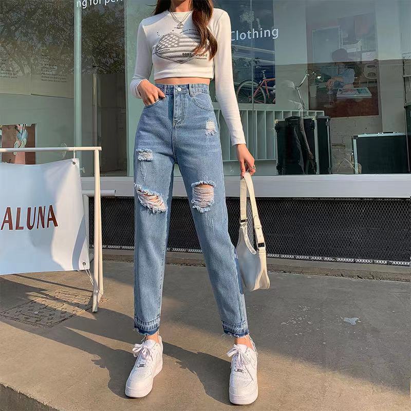 Korea Women High Waist Ripped Denim Jeans Skinny Leggings Straight Cropped  Pants 