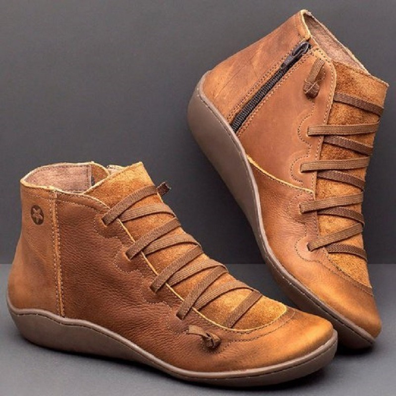Atikota Women PU Leather Ankle Boots Cross Strappy Vintage Women Punk Boots Flat Ladies Shoes Shopee Philippines