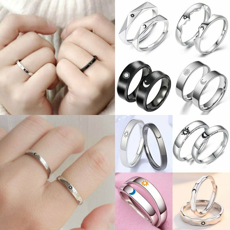 Fashion 925 Silver 2Pcs Sun Moon Lover Couple Rings Set Simple Opening ...