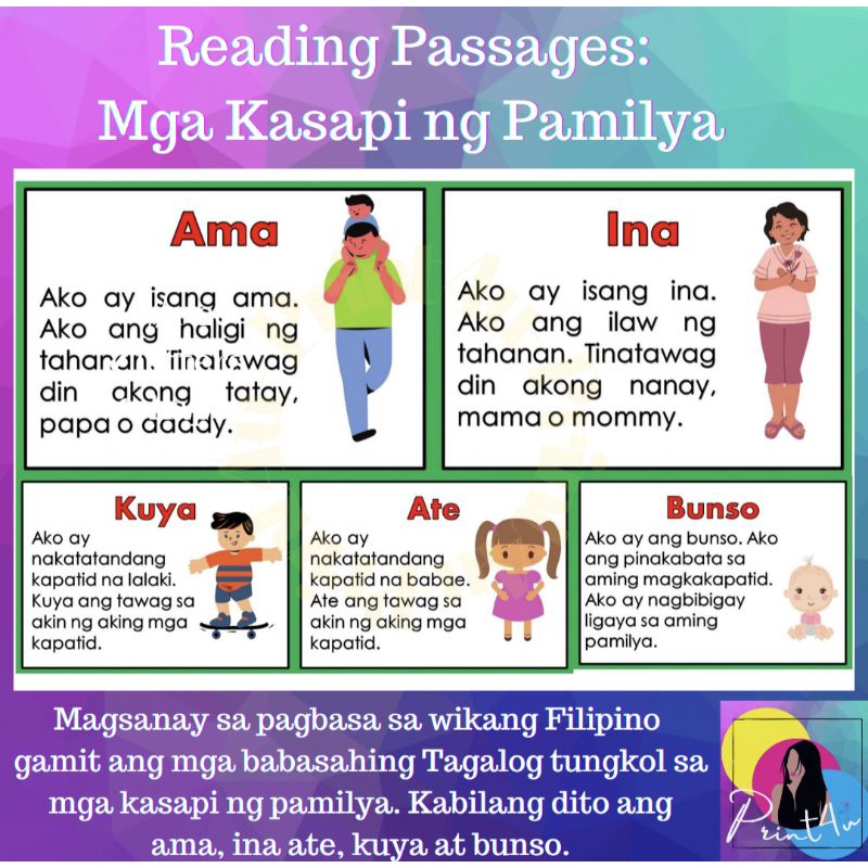 Reading Passage: Mga Kasapi ng Pamilya - Reading materials tagalog ...