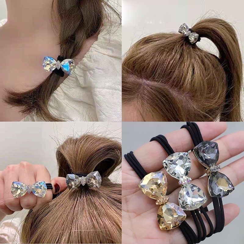 Korean Version of The Crystal Bow Hair Ropes Champagne Colour Leather ...