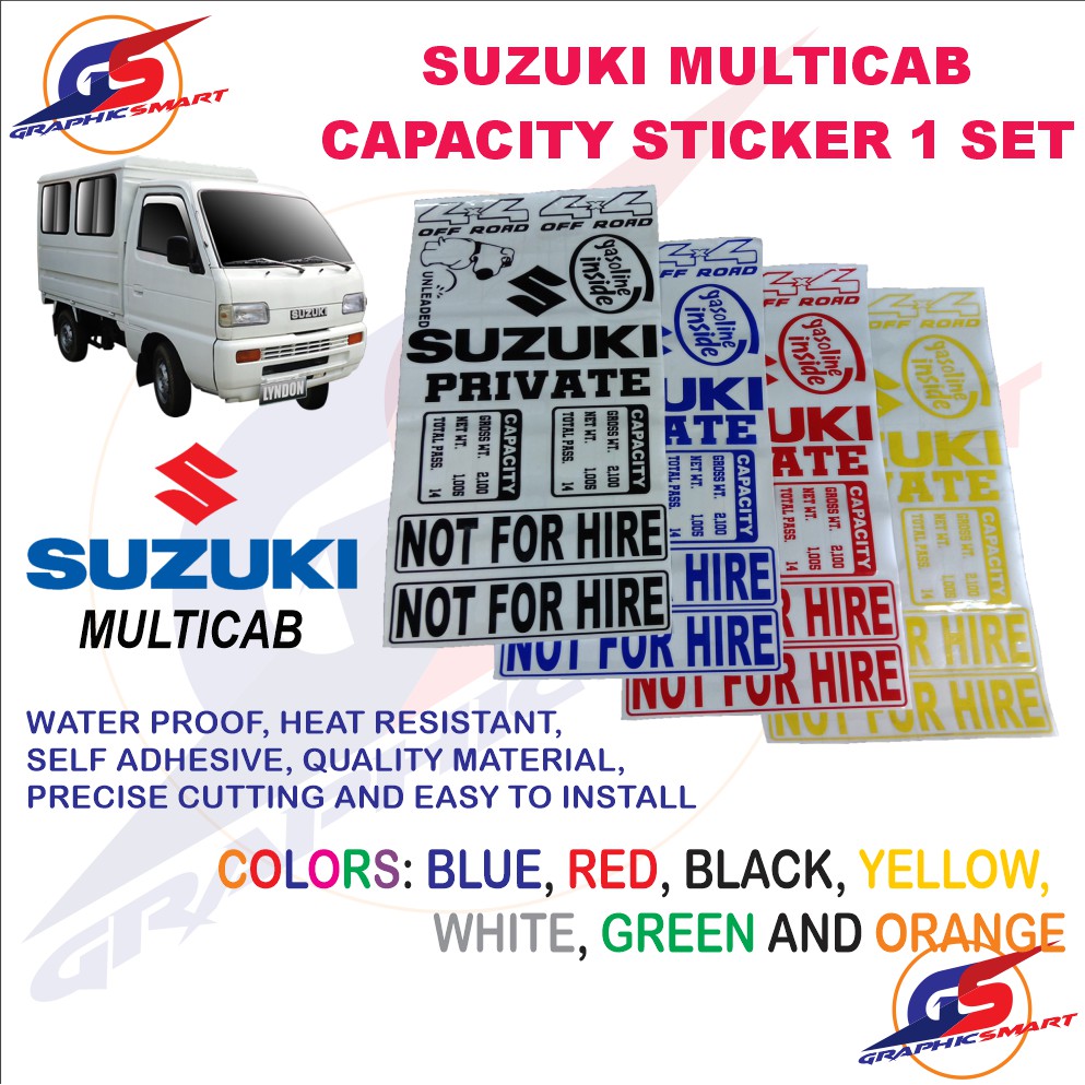 Suzuki Multicab Sticker Decals Set Capacity, Not for Hire, Private, 4X4