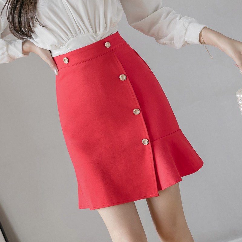 Casual High Waist Skirt Women Buttons Ruffle Elastic Pencil Short Skirt Red Black White Khaki Clothes Shopee Philippines