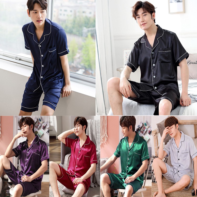 2 Pieces Male Silk Satin Pajamas Set Autumn Men Sleepwear Short