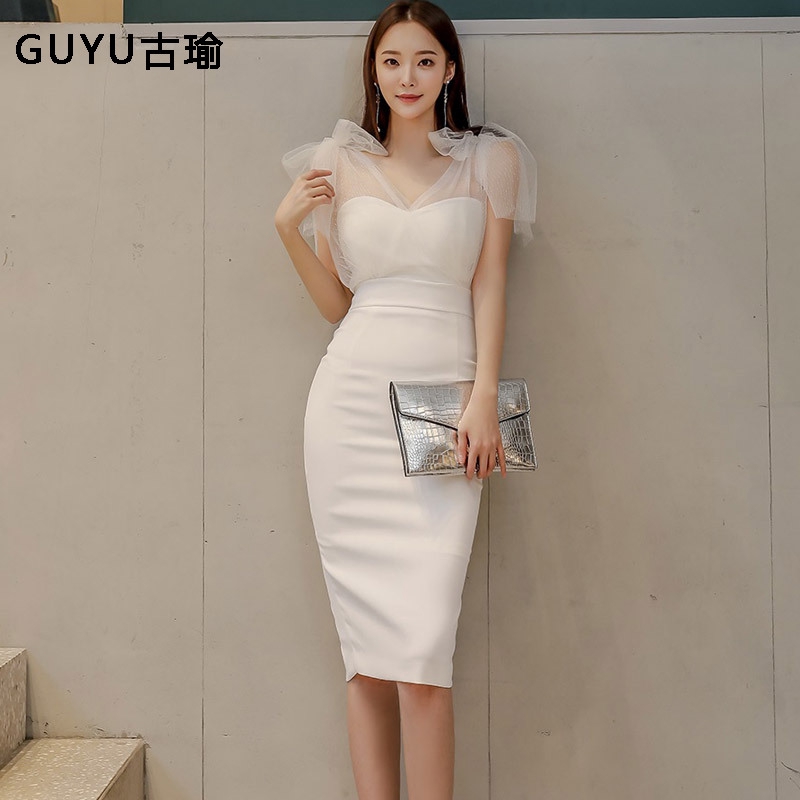 Elegant White Dress Celebrity Banquet Slim-Fit See-Through Sexy Body ...