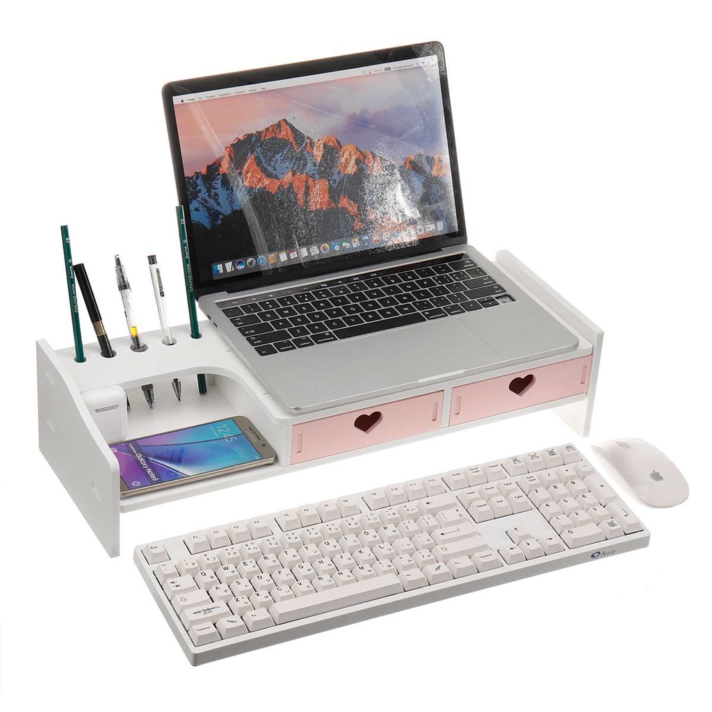 Pink Monitor Laptop Stand Riser Desktop Computer Stand PVC 3 Drawer