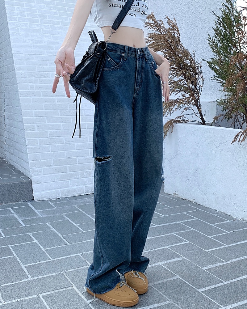 Korean Style Ripped Jeans Wide Leg Baggy Pants Women's High Waist ...