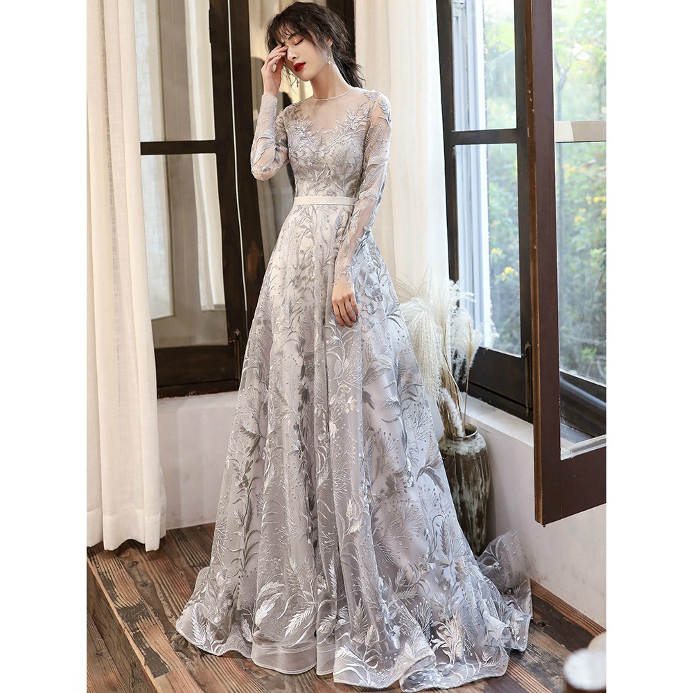 Gray evening 2024 gowns with sleeves