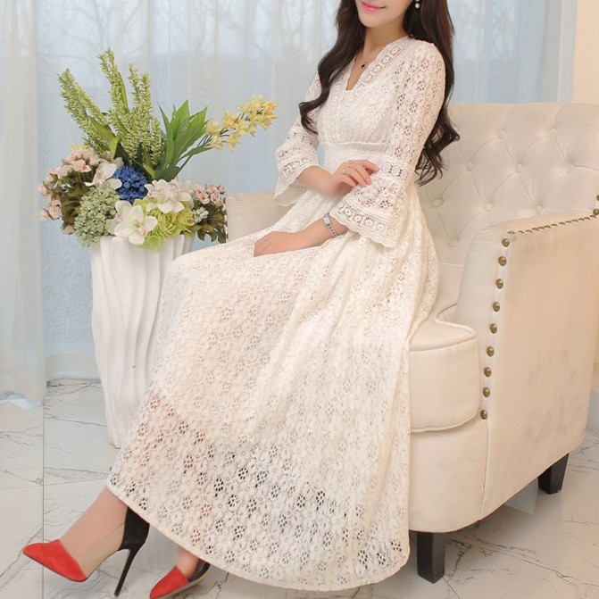 White V-neck 3/4 Sleeve Midi Lace Dresses | Shopee Philippines
