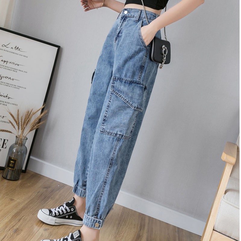 ☽✆CYJR 2020 Streetwear High Waist Cargo Jeans Woman Plus Size Blue Mom  Stretch jeans Ladies women pa