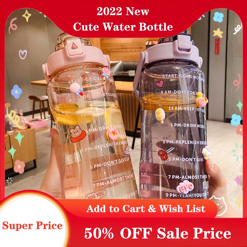 2 Litre Cute Water Bottle with Straw 2022 New Large Sports Bottle with
