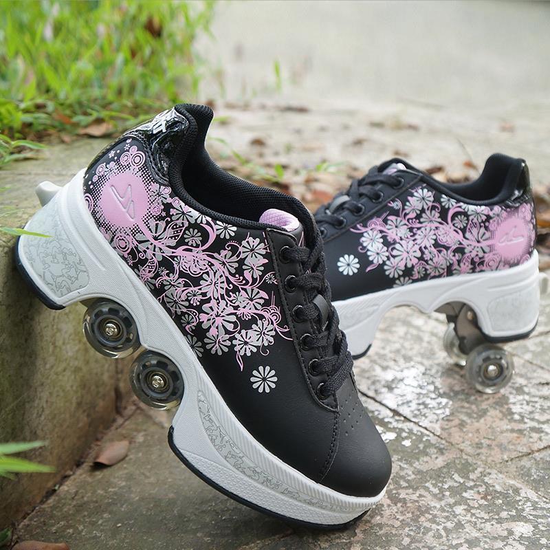 Fashion adult children s Heelys New type of dual purpose roller skates shoes shoes shoes shaking shoes shaking red four rounds of tiktok white