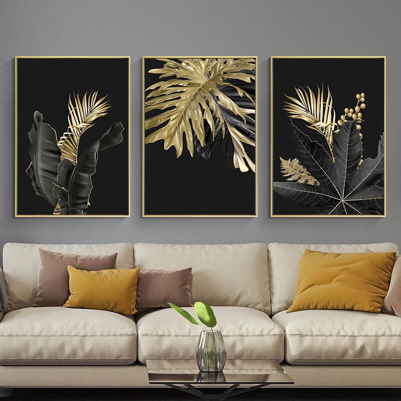 Golden Plant Leaf Abstract Canvas Nordic Poster Black White Prints Wall ...
