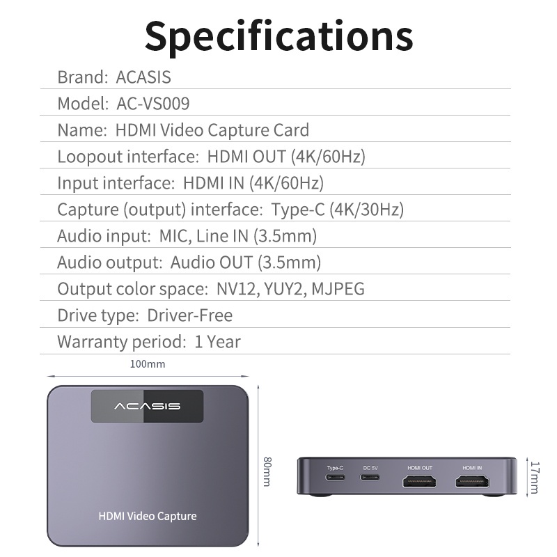 ACASIS HDMI Capture Card 4K Input 1080P 280Hz Output USB3.0 Audio Video ...
