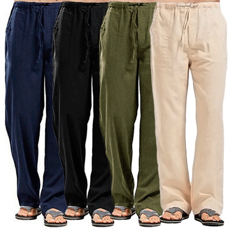 Men's Cotton Linen Pants Casual Loose Straight Wideleg Trousers Korean