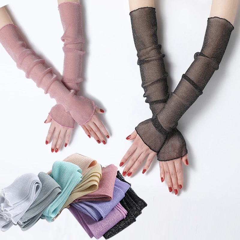 Women Sun Protection Gloves Long Thin Fingerless Mittens / UV Sunscreen ...